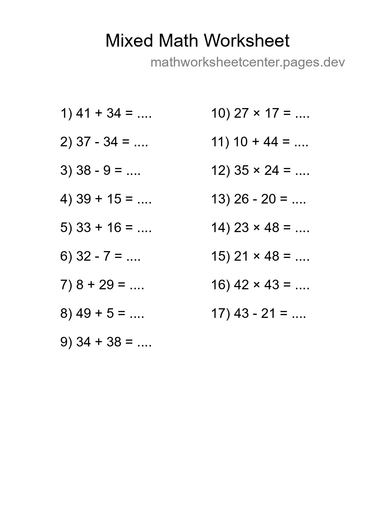 Mixed Operations Math Worksheet