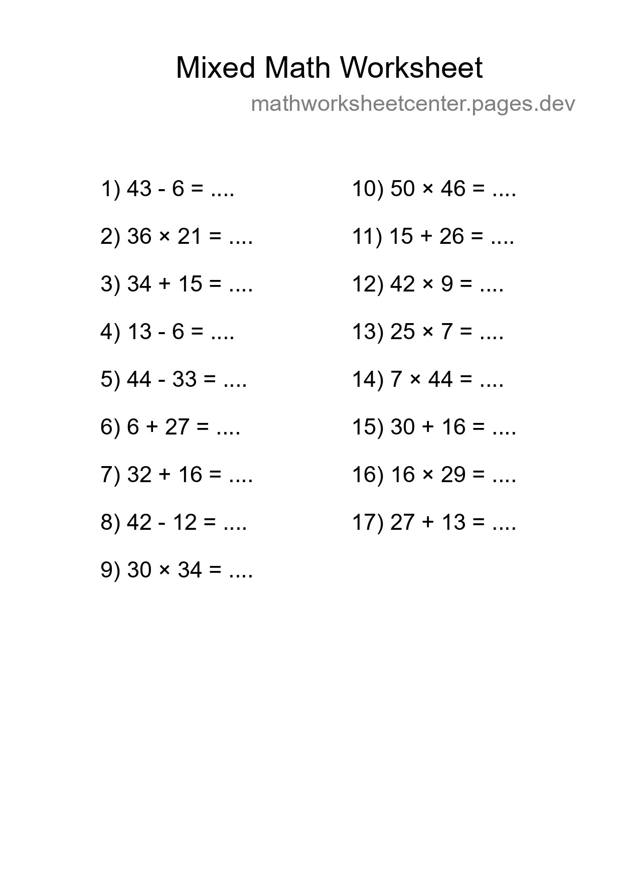 Mixed Operations Math Worksheet