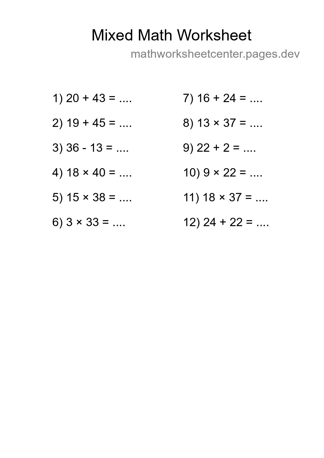 Mixed Operations Math Worksheet