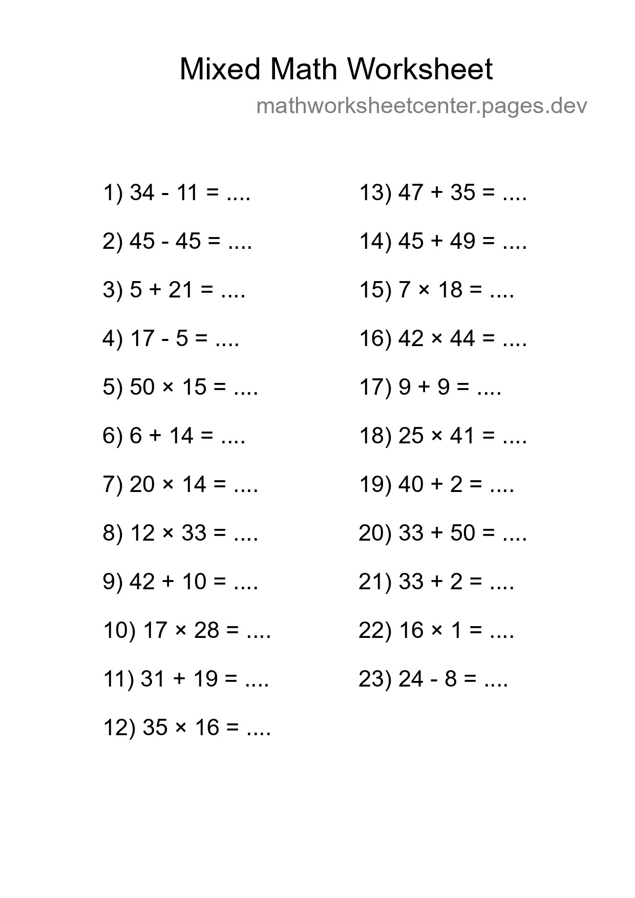Mixed Operations Math Worksheet