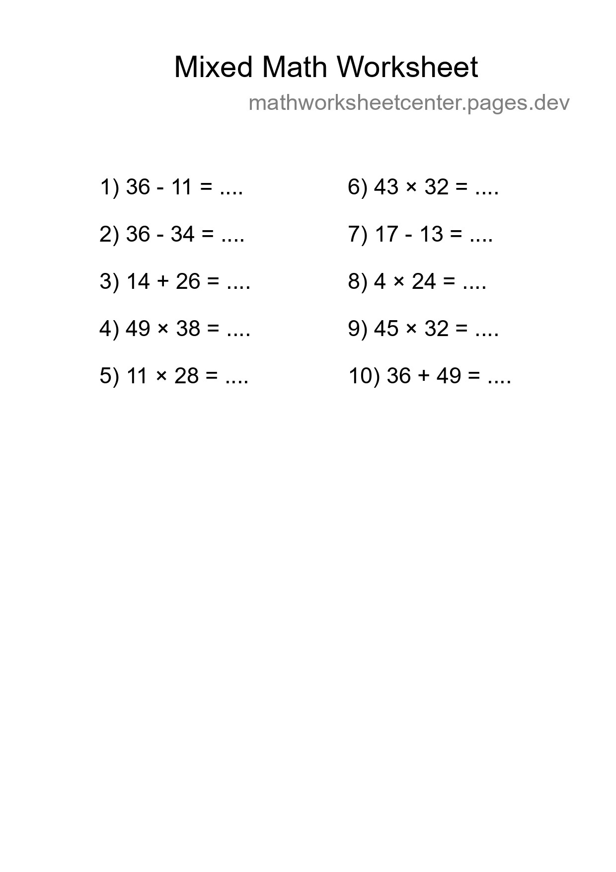 Mixed Operations Math Worksheet
