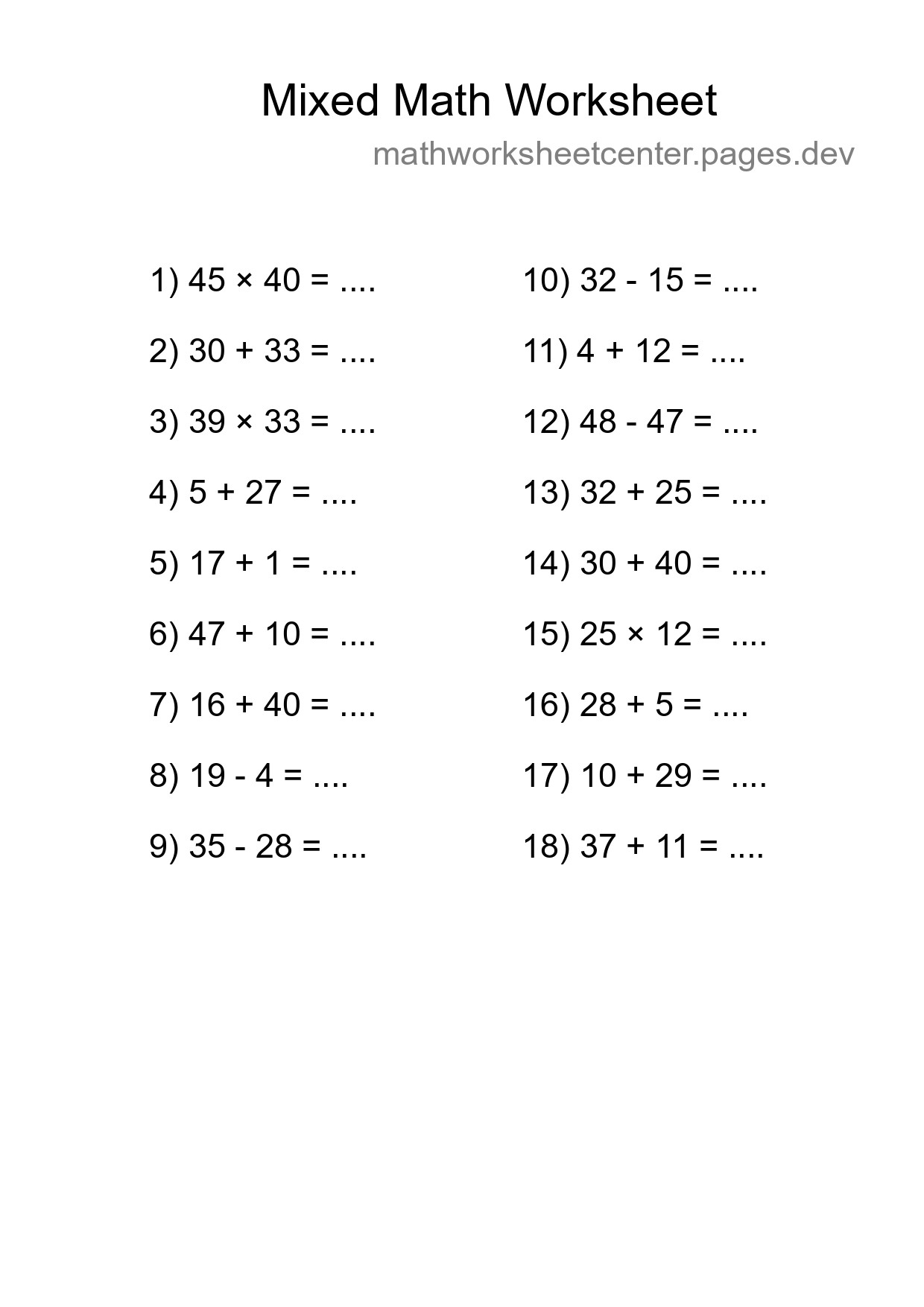 Mixed Operations Math Worksheet