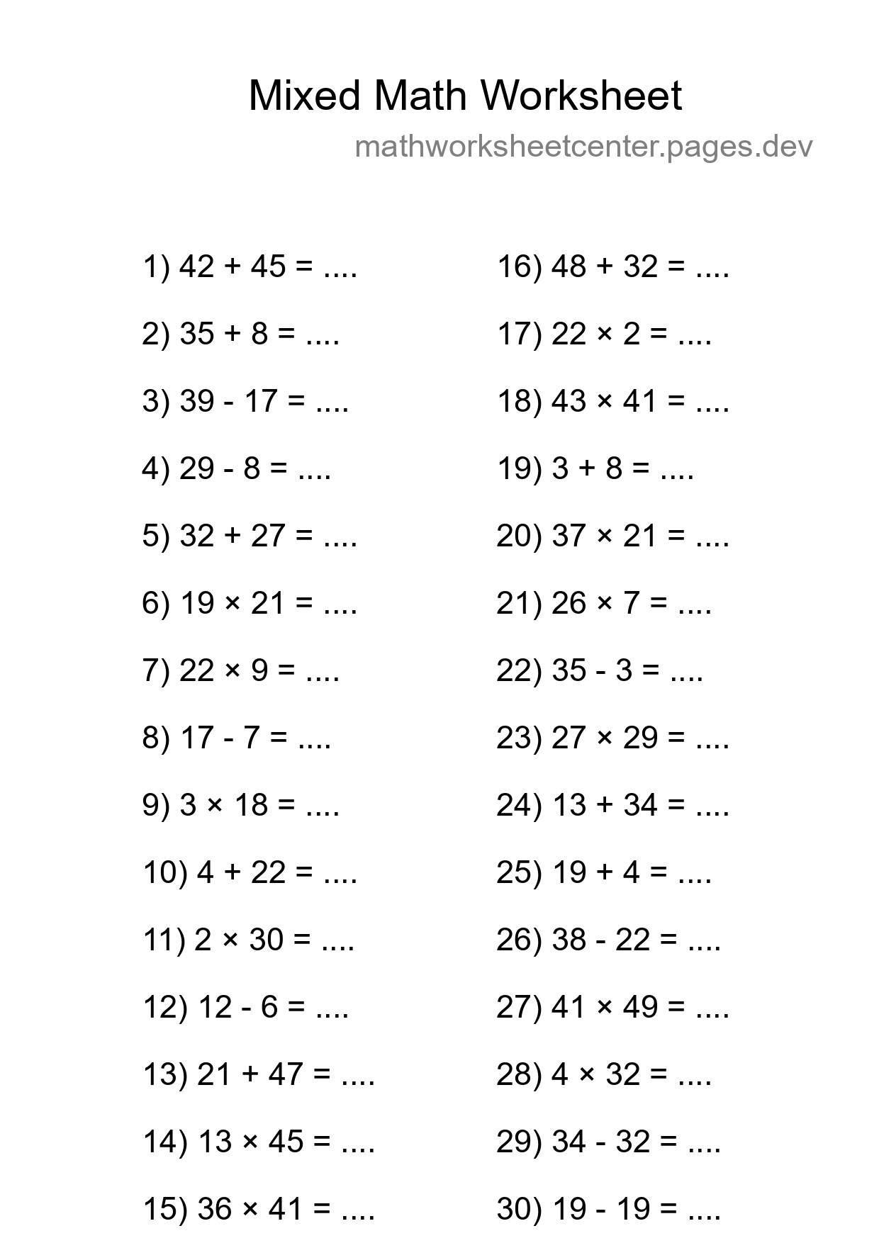 Mixed Operations Math Worksheet