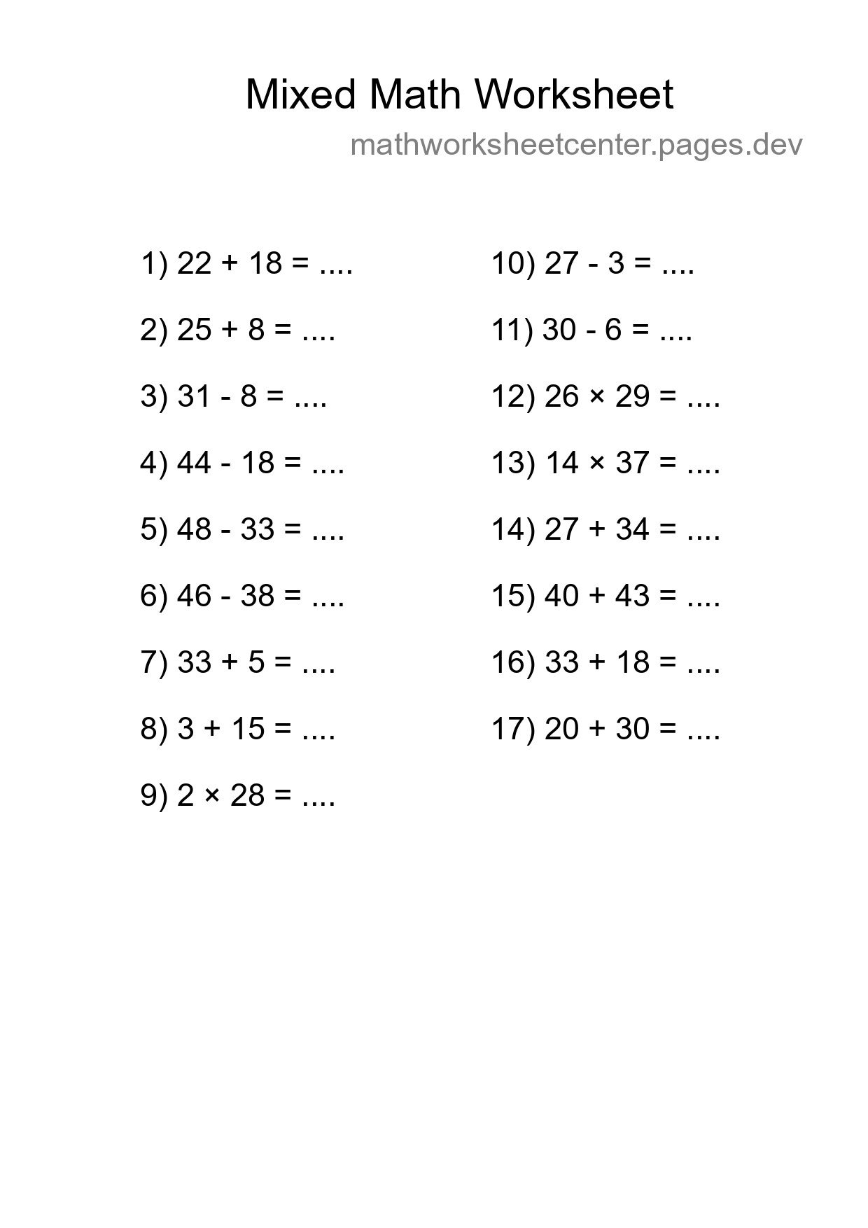 Mixed Operations Math Worksheet