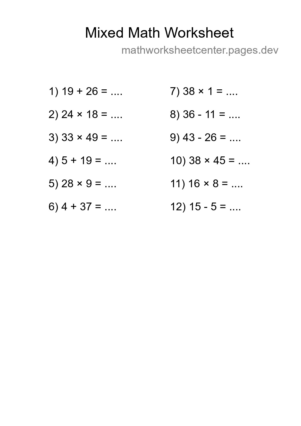 Mixed Operations Math Worksheet
