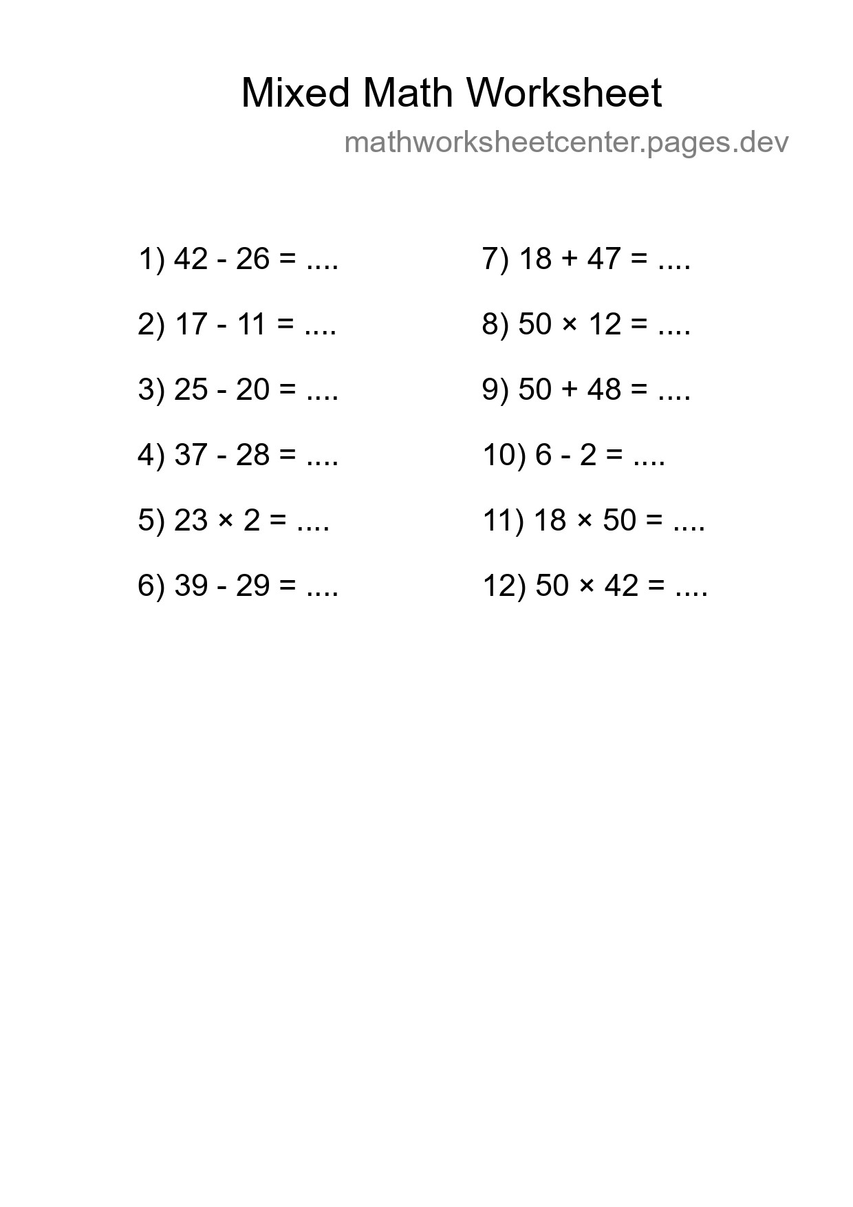 Mixed Operations Math Worksheet