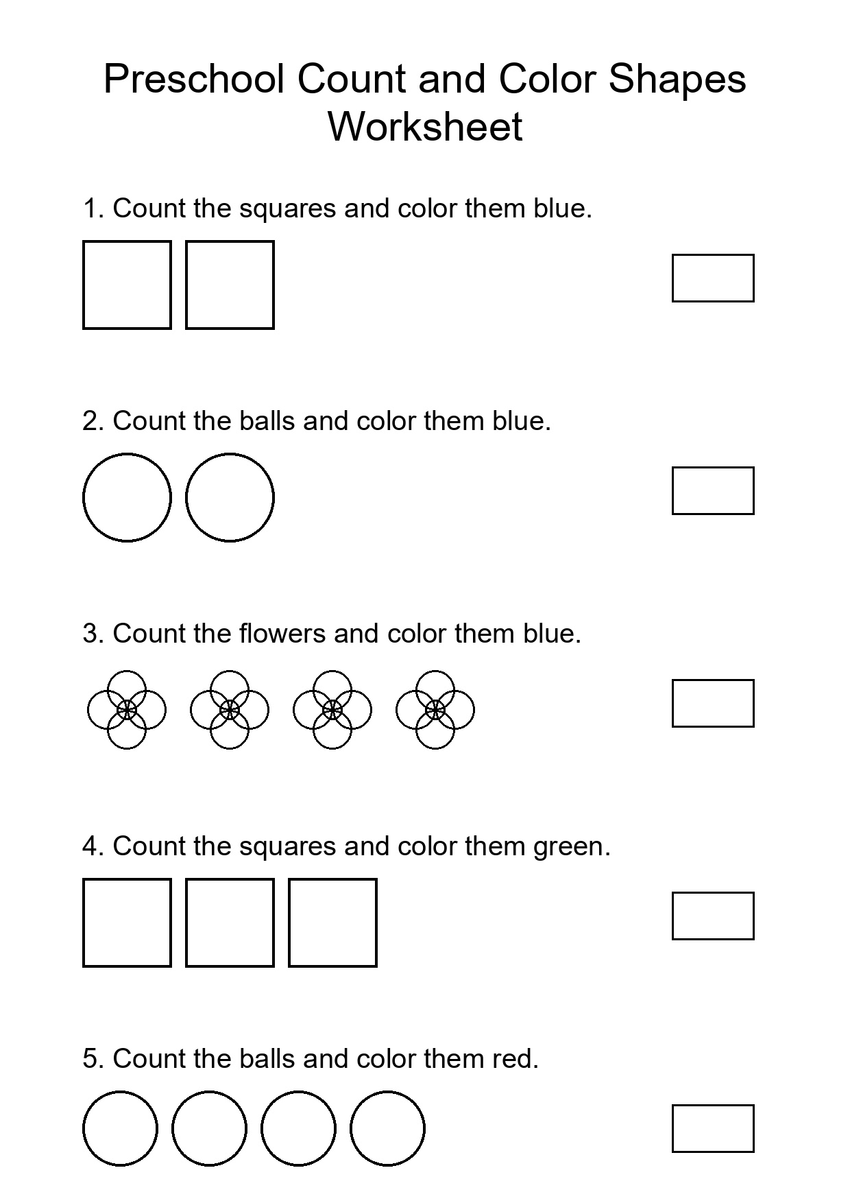 Preschool Count and Color Shapes Worksheet