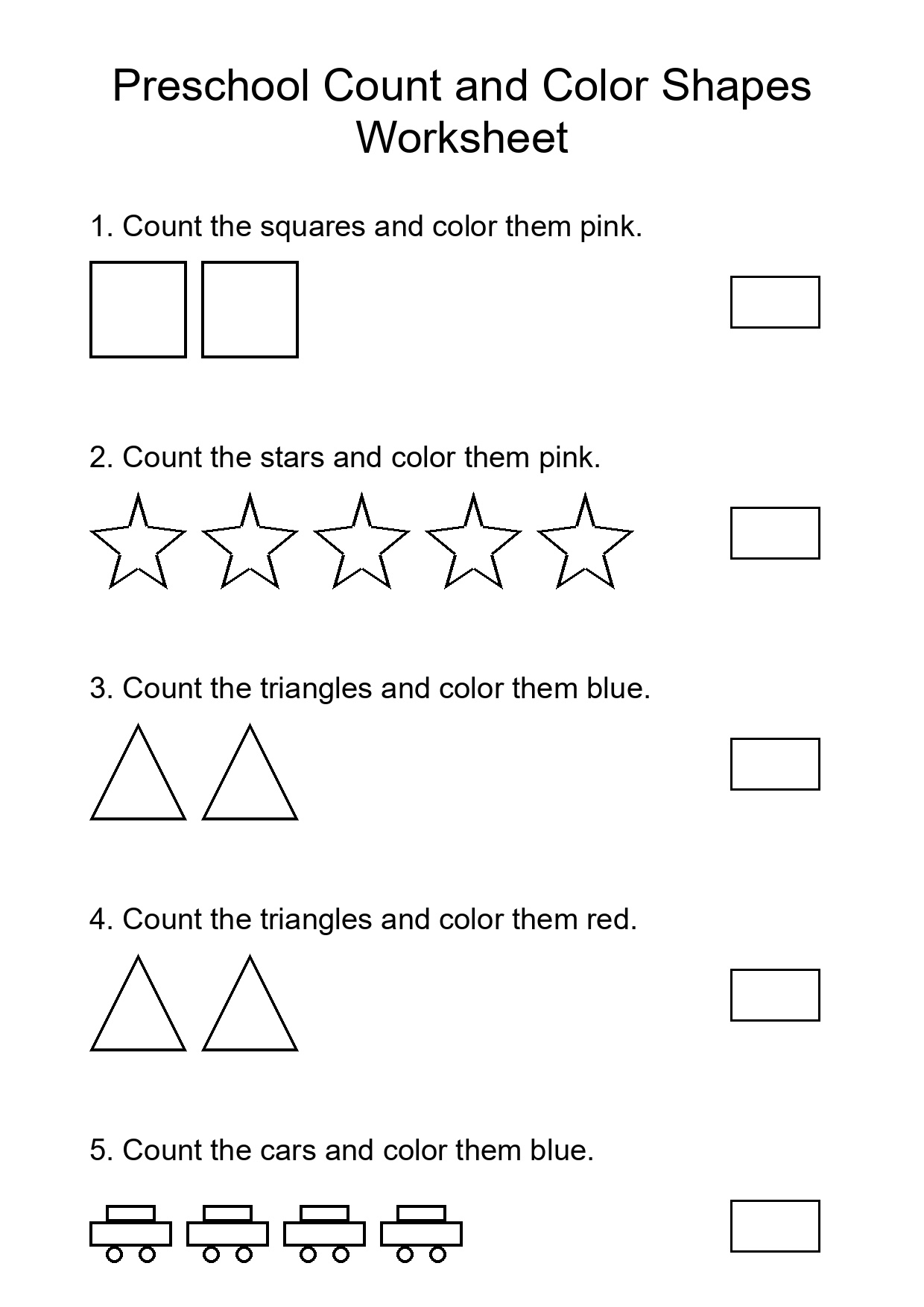 Preschool Count and Color Shapes Worksheet