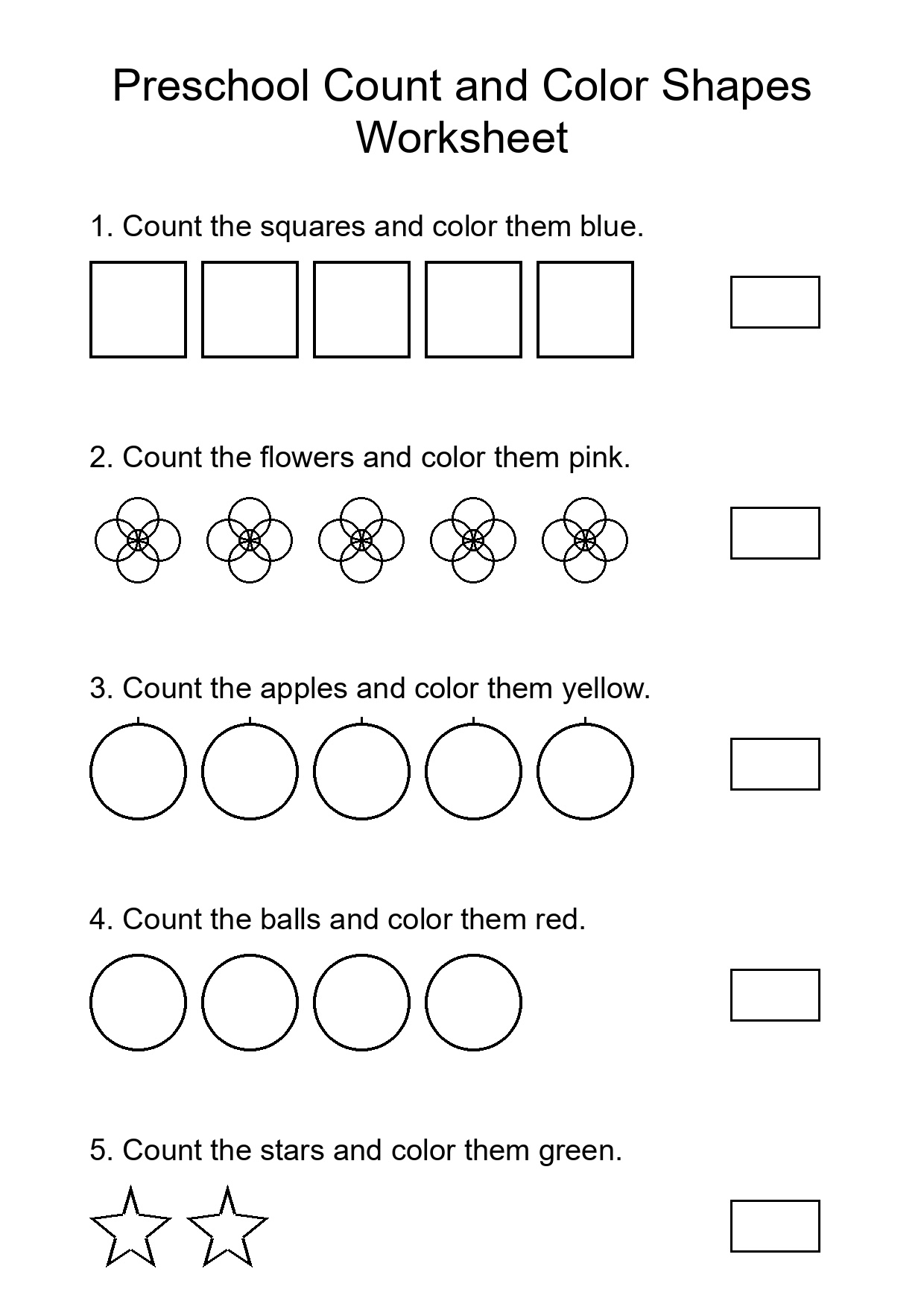 Preschool Count and Color Shapes Worksheet