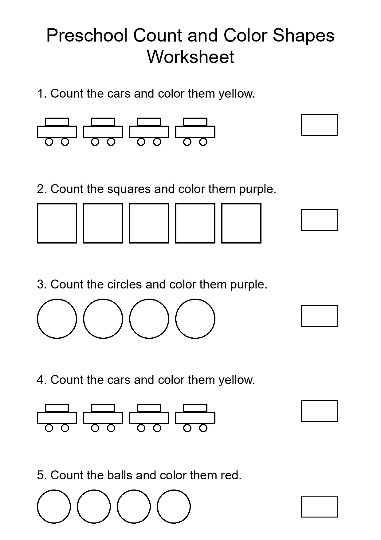Preschool Count and Color Shapes Worksheet