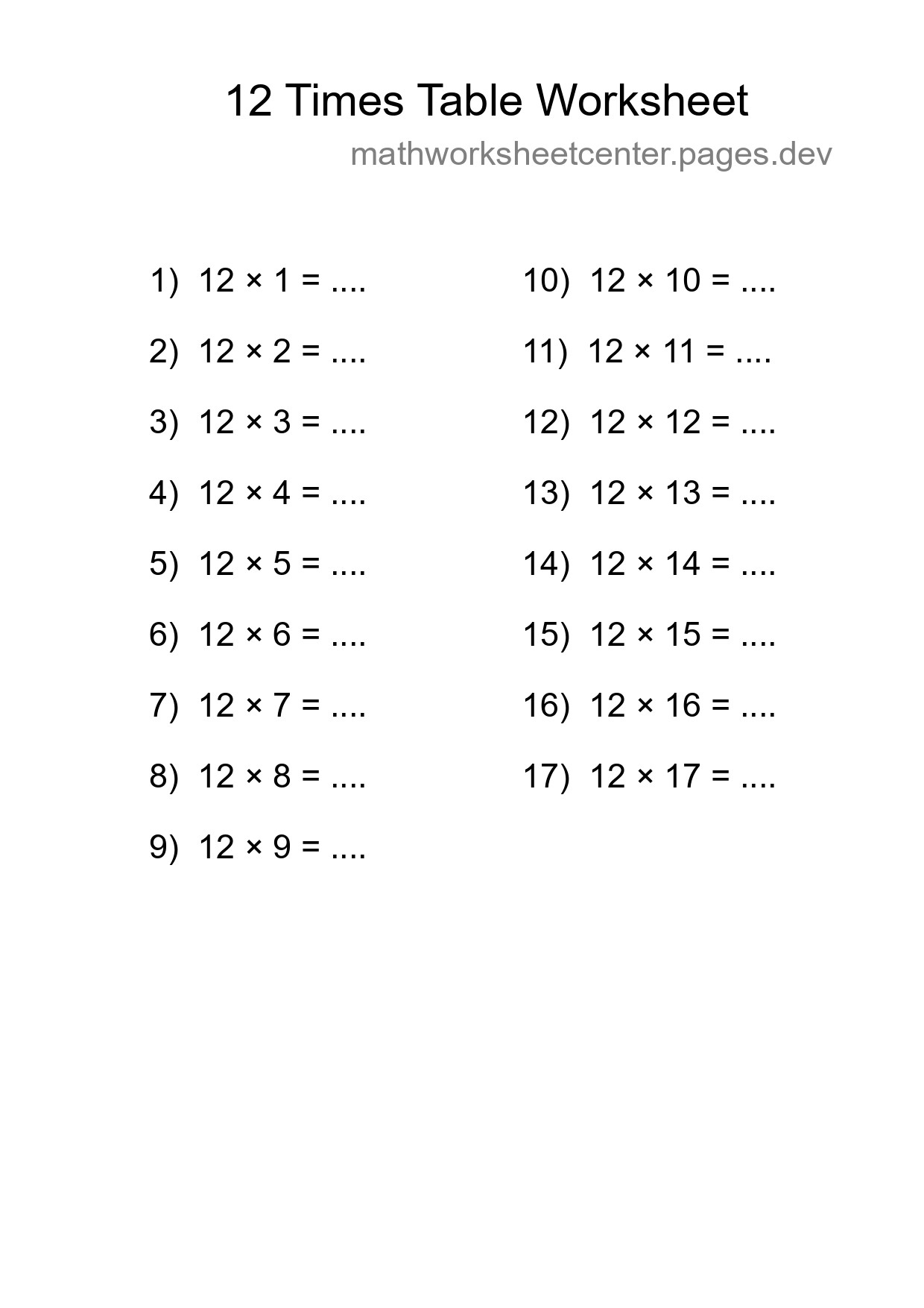 Printable 12 Times Table Worksheet For Grade 4 - Part 299