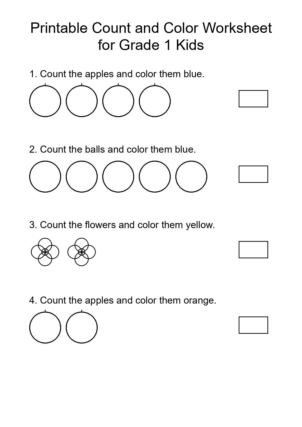 Printable Count and Color Worksheet for Grade 1 Kids