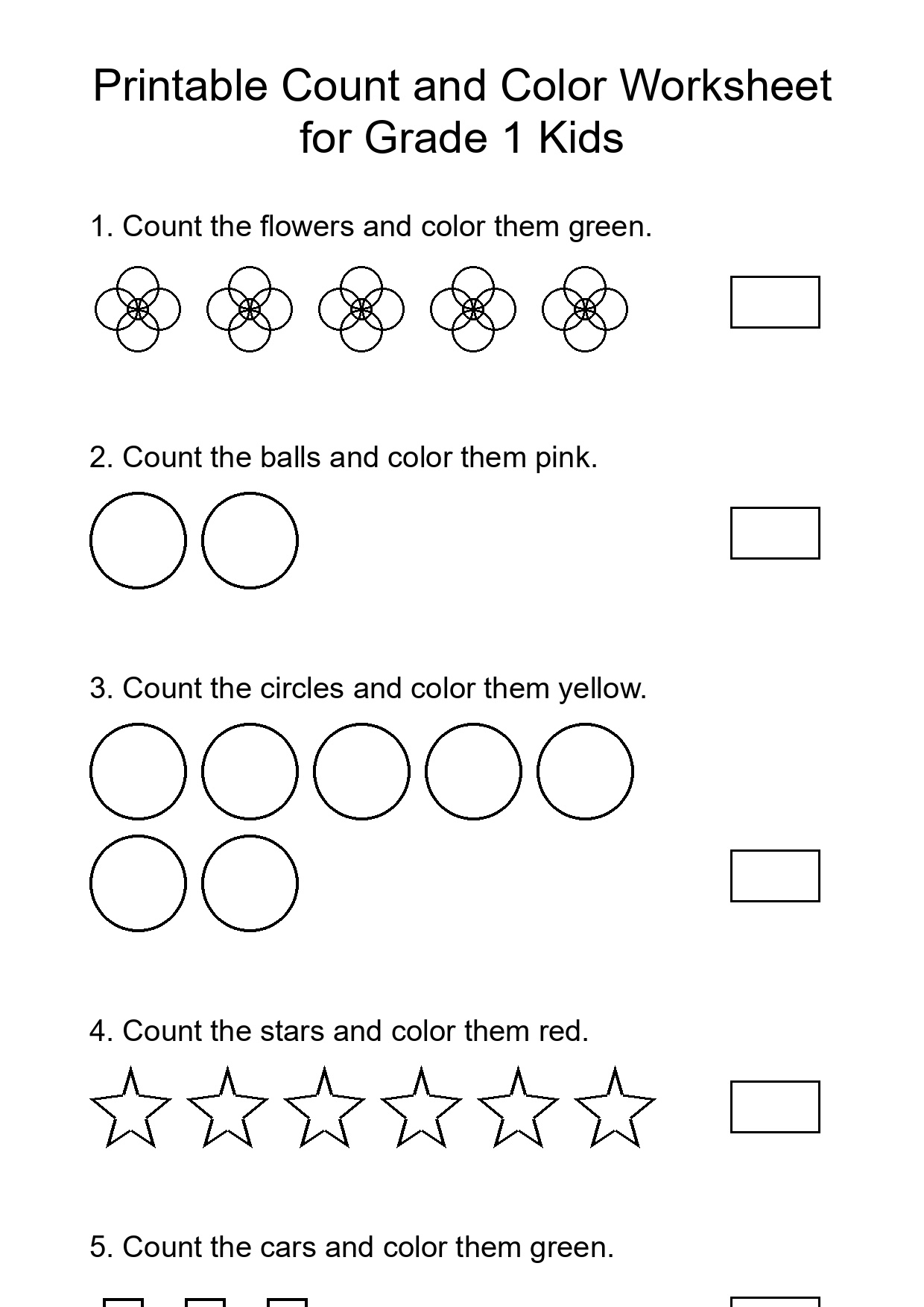 Printable Count and Color Worksheet for Grade 1 Kids