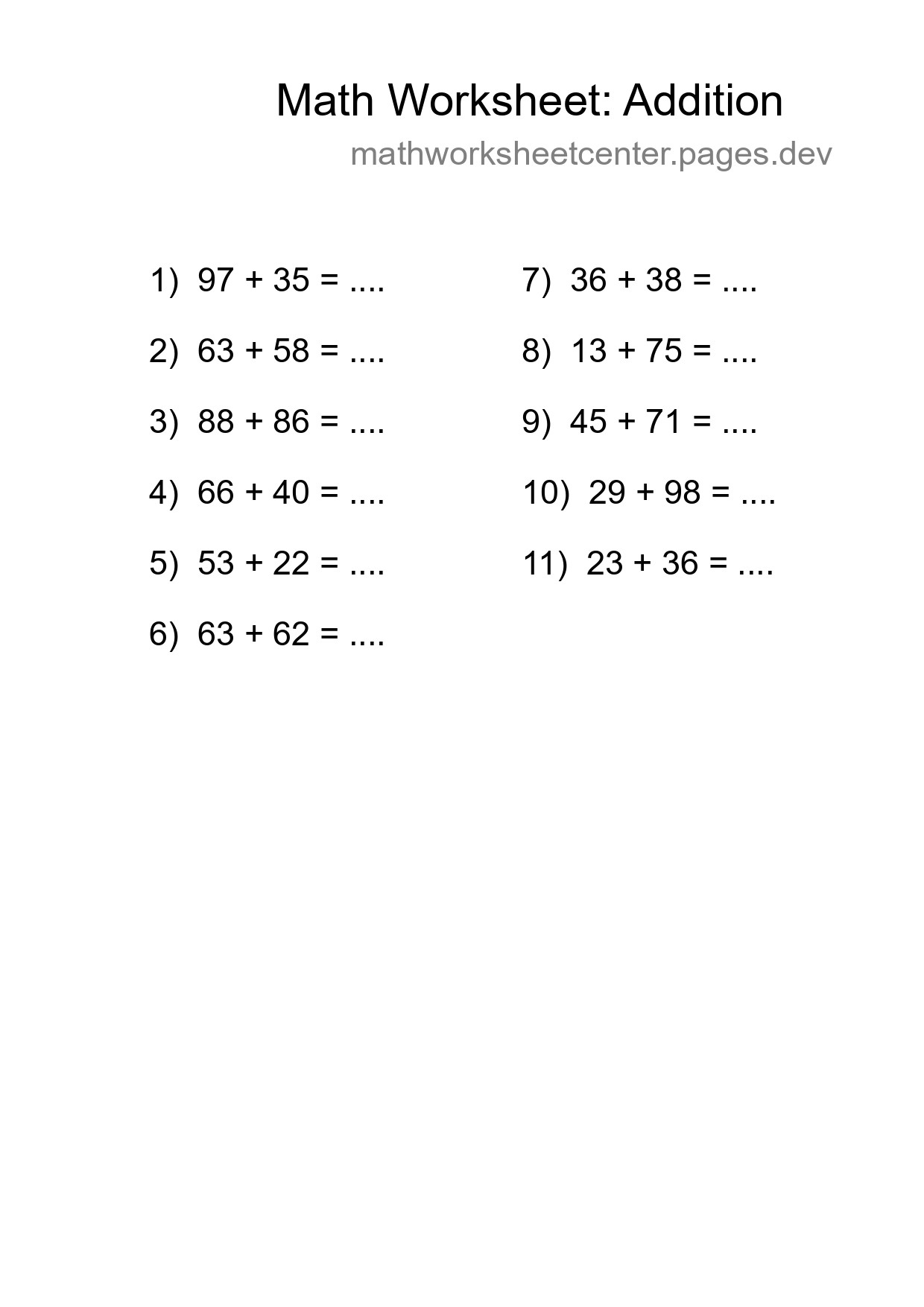 Printable Free 11 Addition Math Worksheet For Grade 3 - Part 241