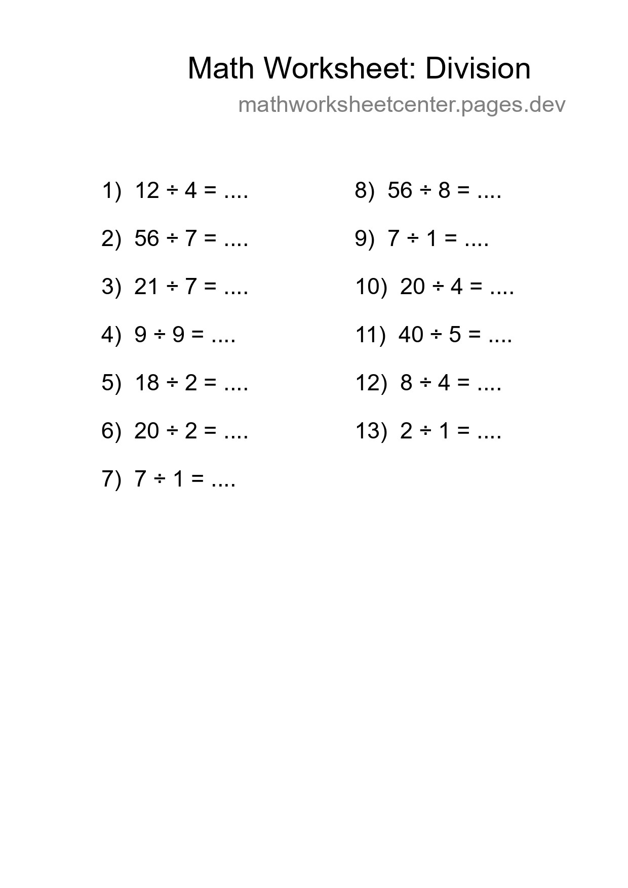 Printable Free 13 Division Math Worksheet For Grade 1 - Part 174
