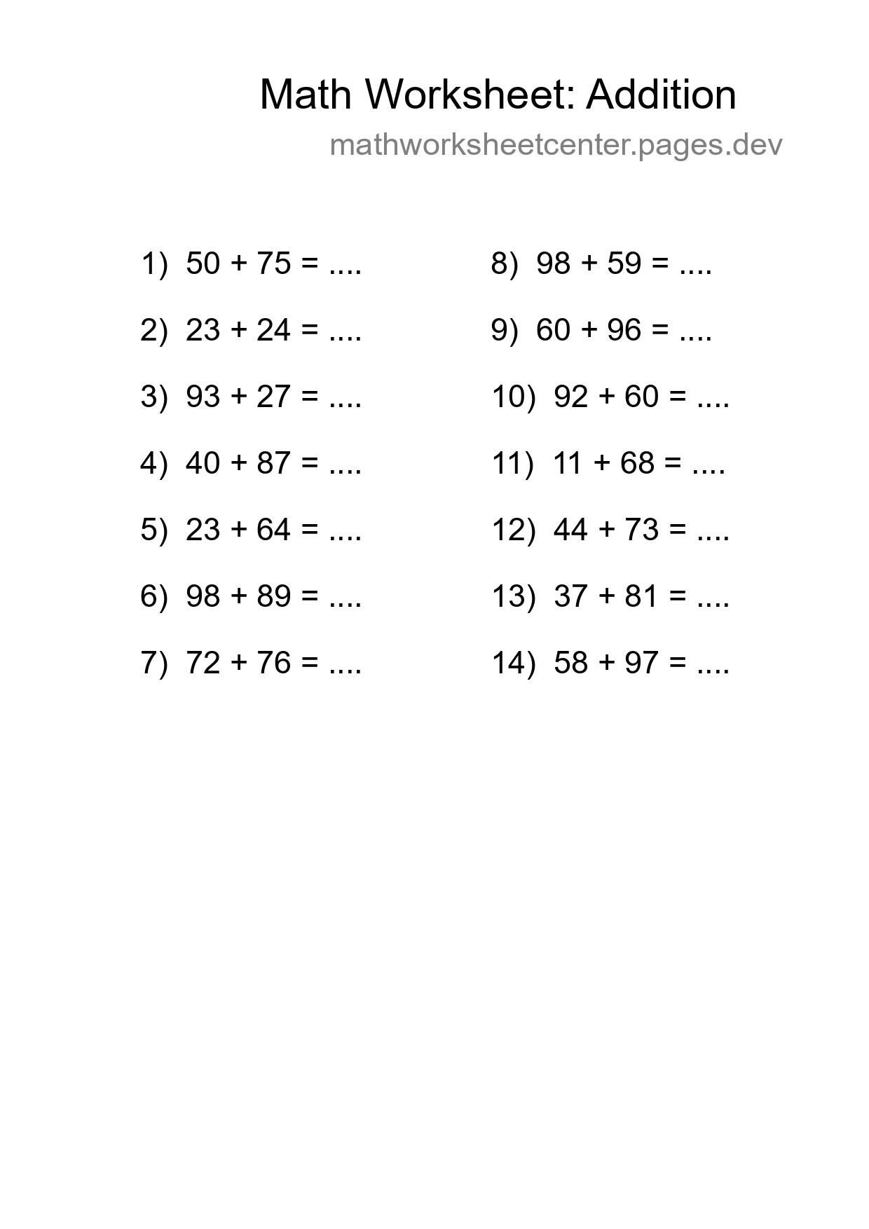 Printable Free 14 Addition Math Worksheet For Grade 3 - Part 61