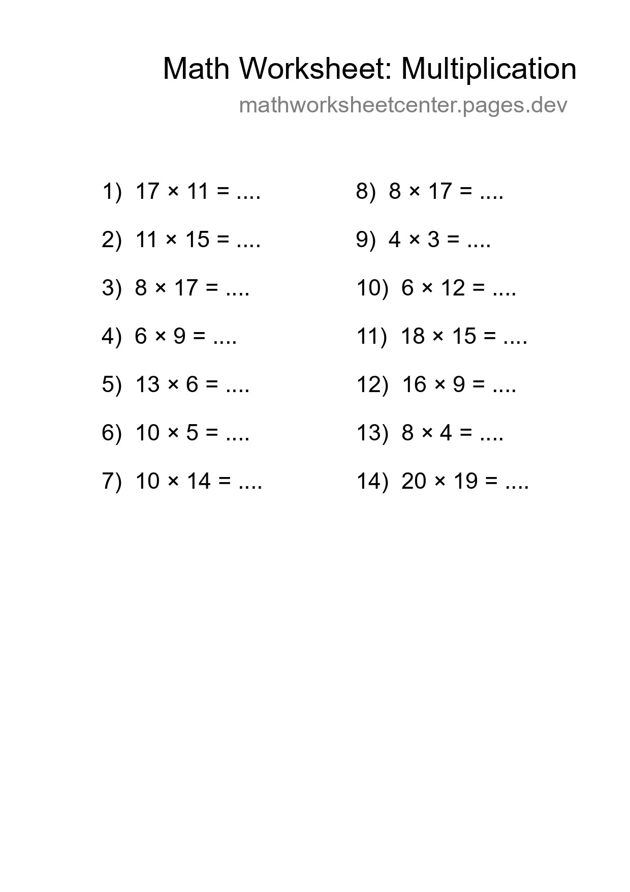 Printable Free 14 Multiplication Math Worksheet For Grade 2 - Part 57