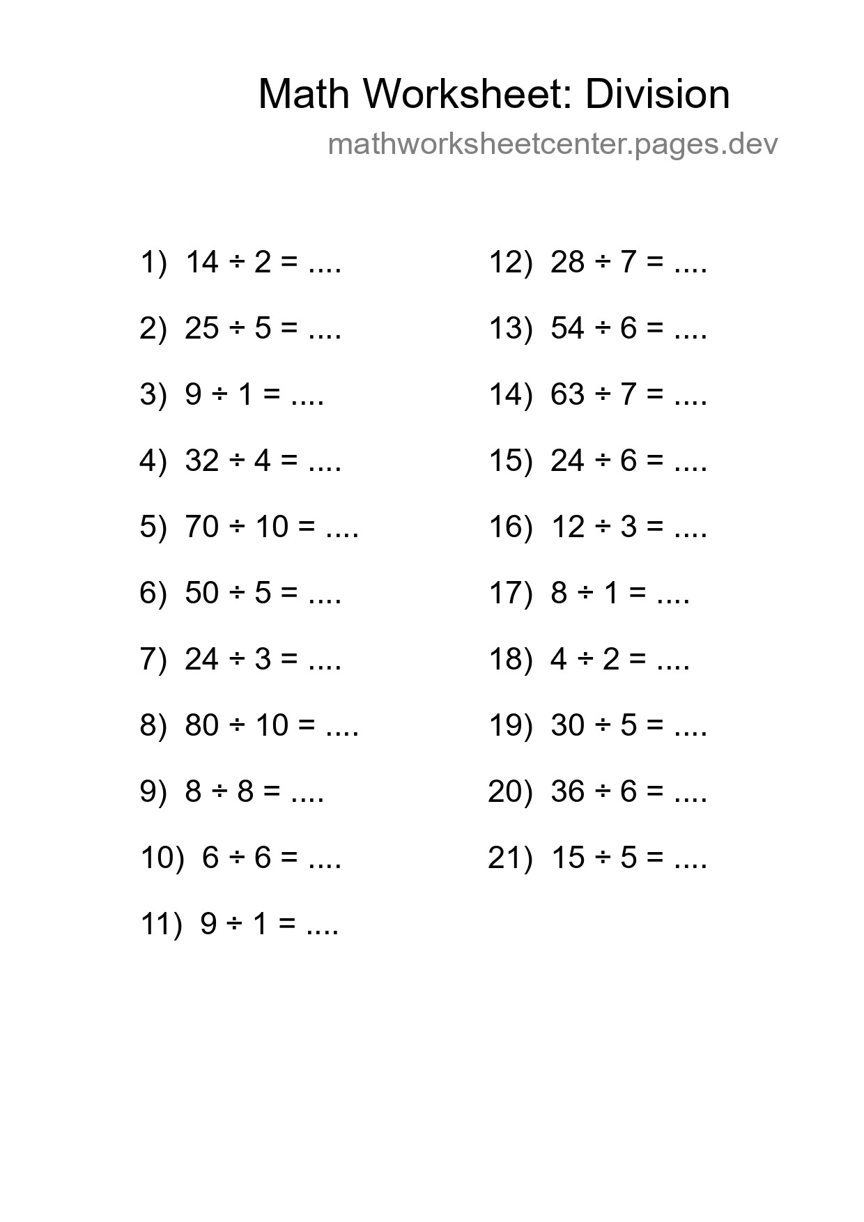 Printable Free 21 Division Math Worksheet For Grade 1 - Part 254