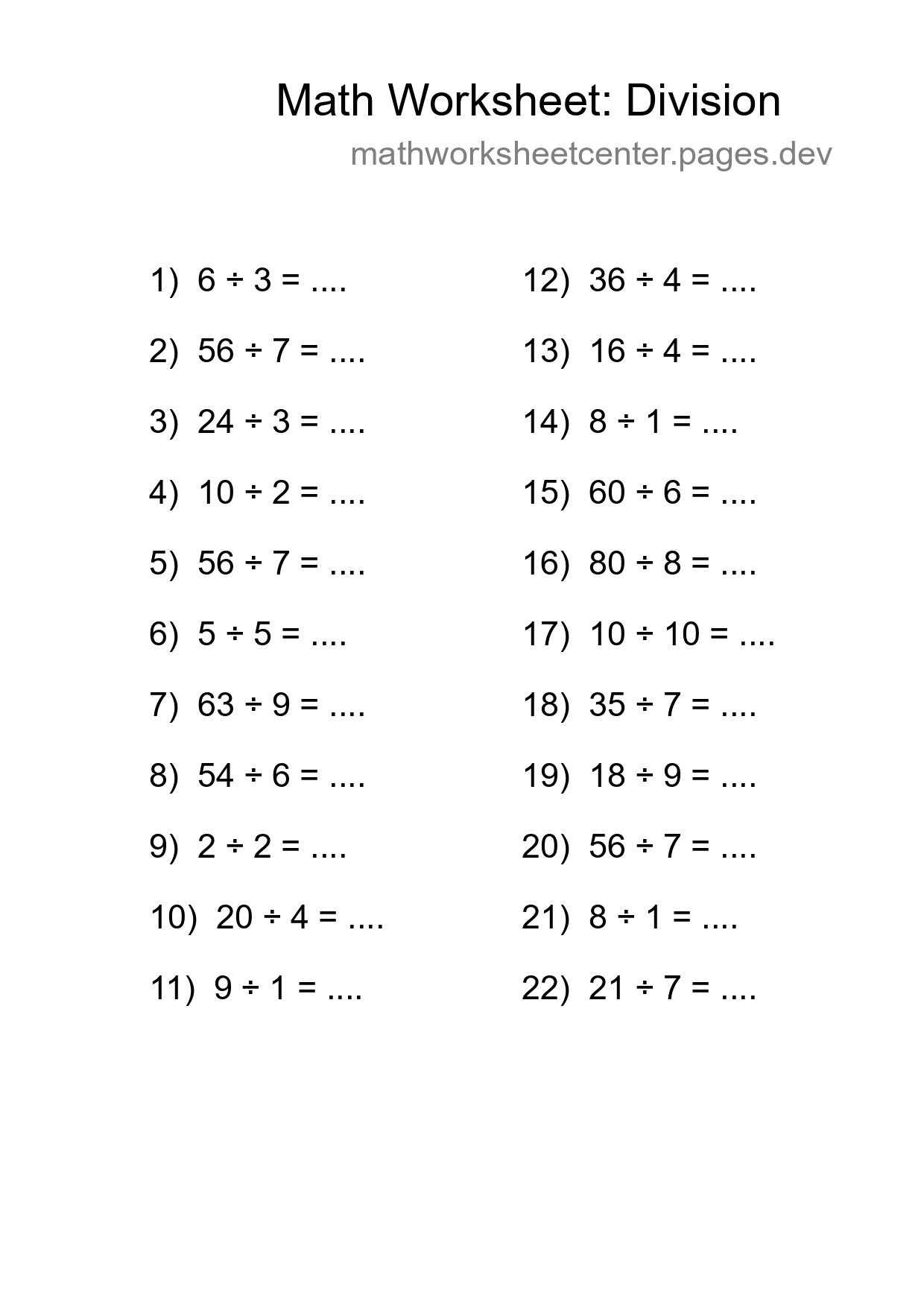 Printable Free 22 Division Math Worksheet For Grade 1 - Part 284
