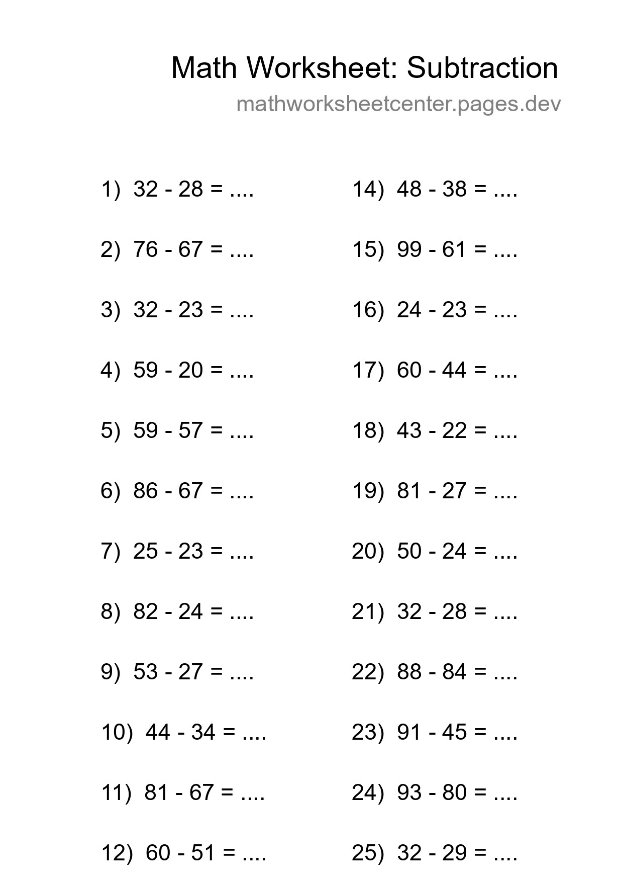 Printable Free 25 Subtraction Math Worksheet For Grade 3 - Part 88