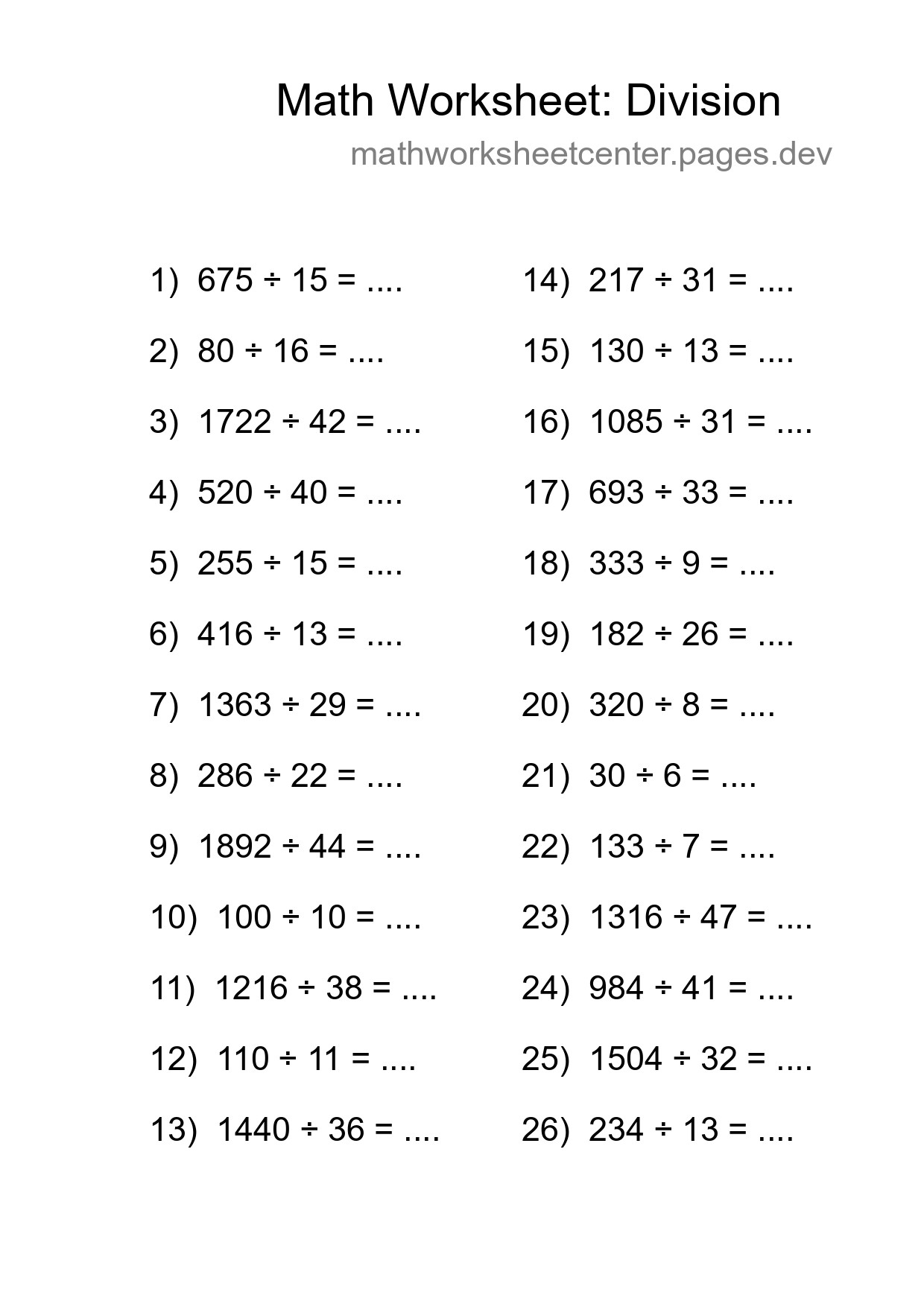 Printable Free 26 Division Math Worksheet For Grade 2 - Part 204