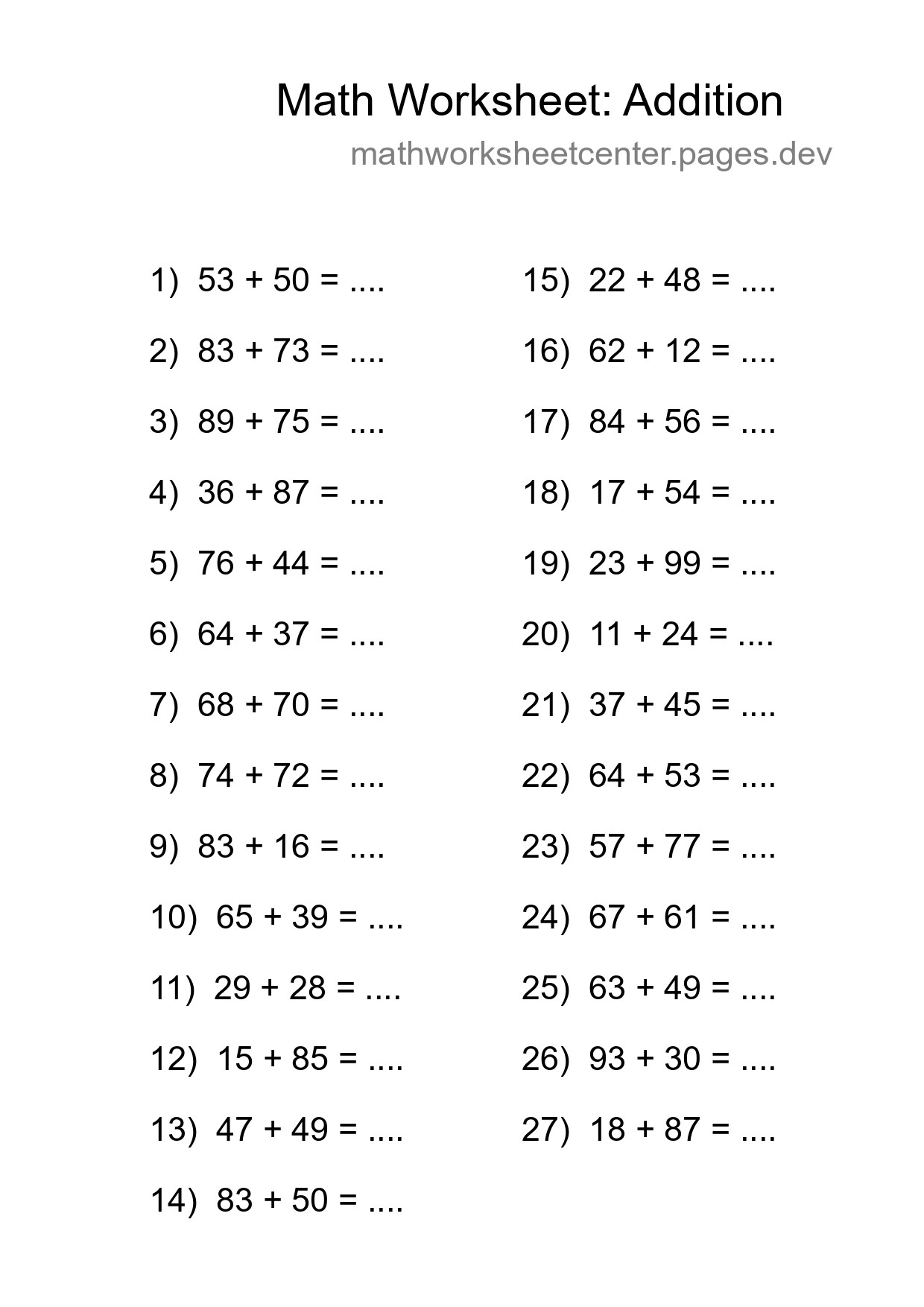 Printable Free 27 Addition Math Worksheet For Grade 3 - Part 151