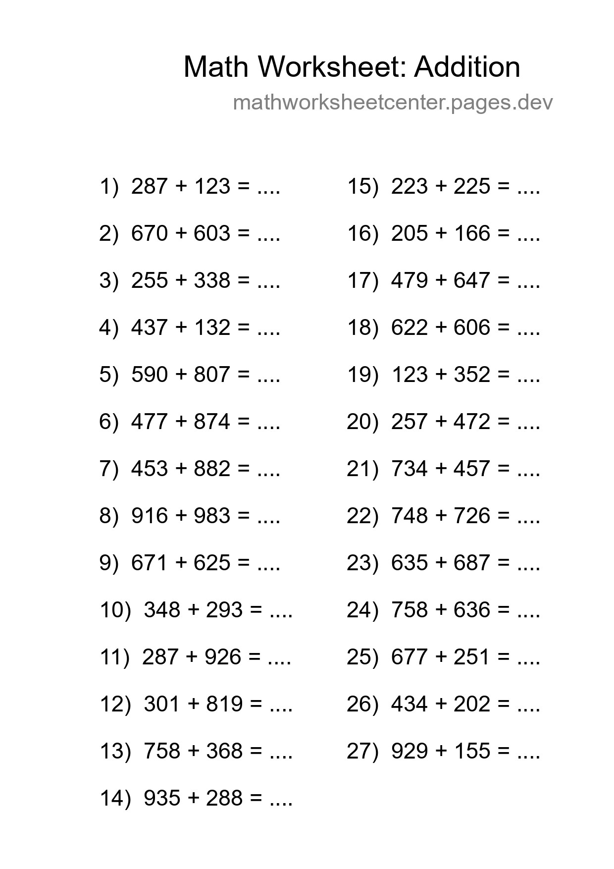 Printable Free 27 Addition Math Worksheet For Grade 5 - Part 261