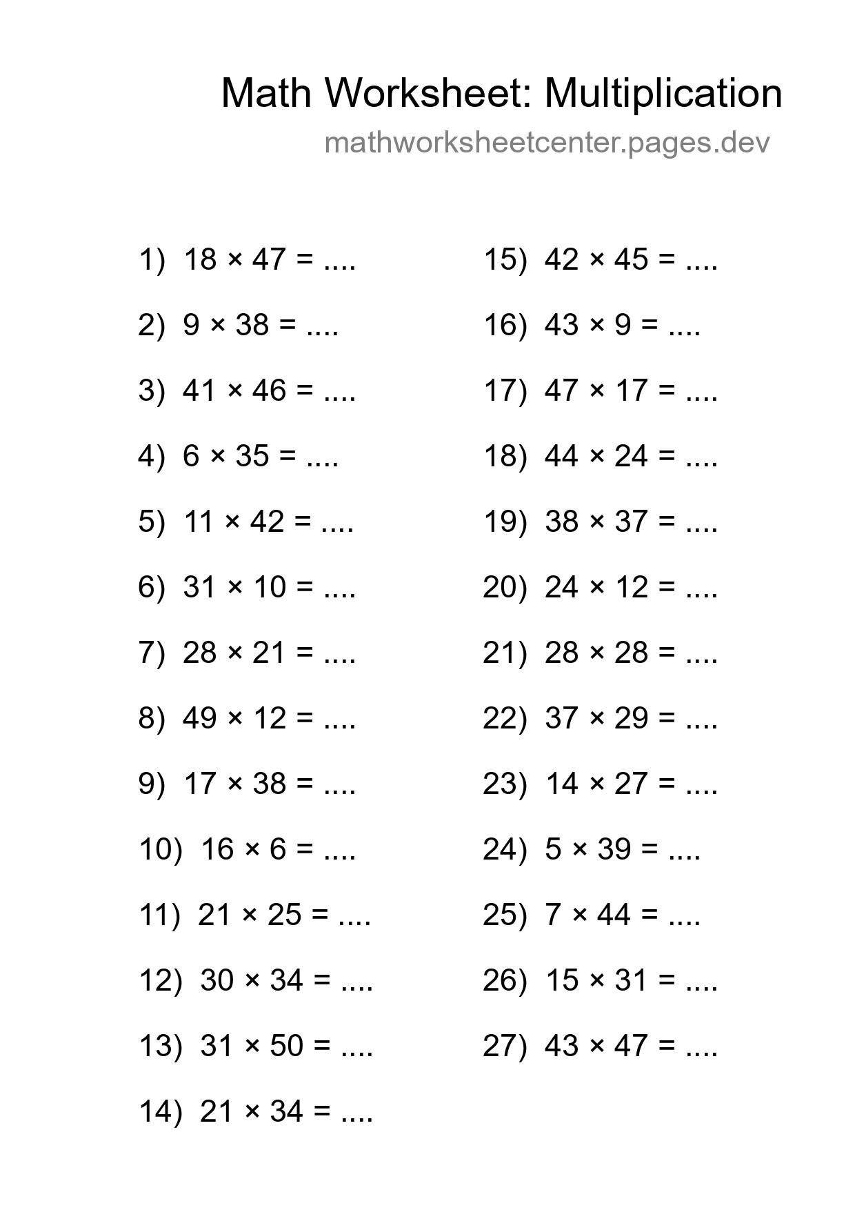 Printable Free 27 Multiplication Math Worksheet For Grade 2 - Part 247